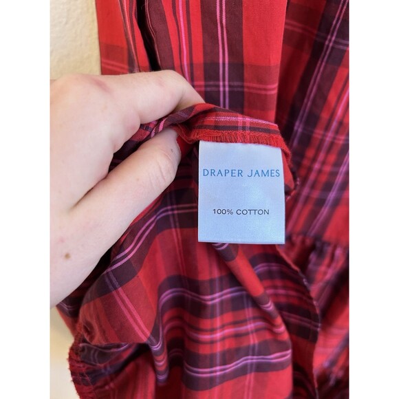 Draper James XS Shirt Dress Mini Plaid Red Puff Sleeve Shift Tiered Drop Waist - Picture 4 of 4
